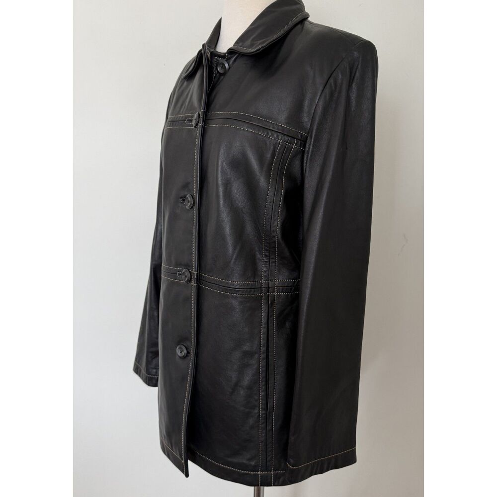 VTG Y2K Anne Klein Black Lambskin Leather Long Coat Contrast Stitch Structured M